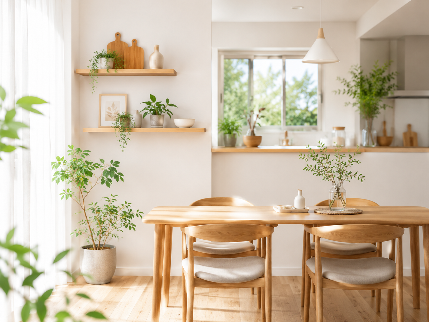 木の家具と観葉植物が映えるナチュラルなダイニング